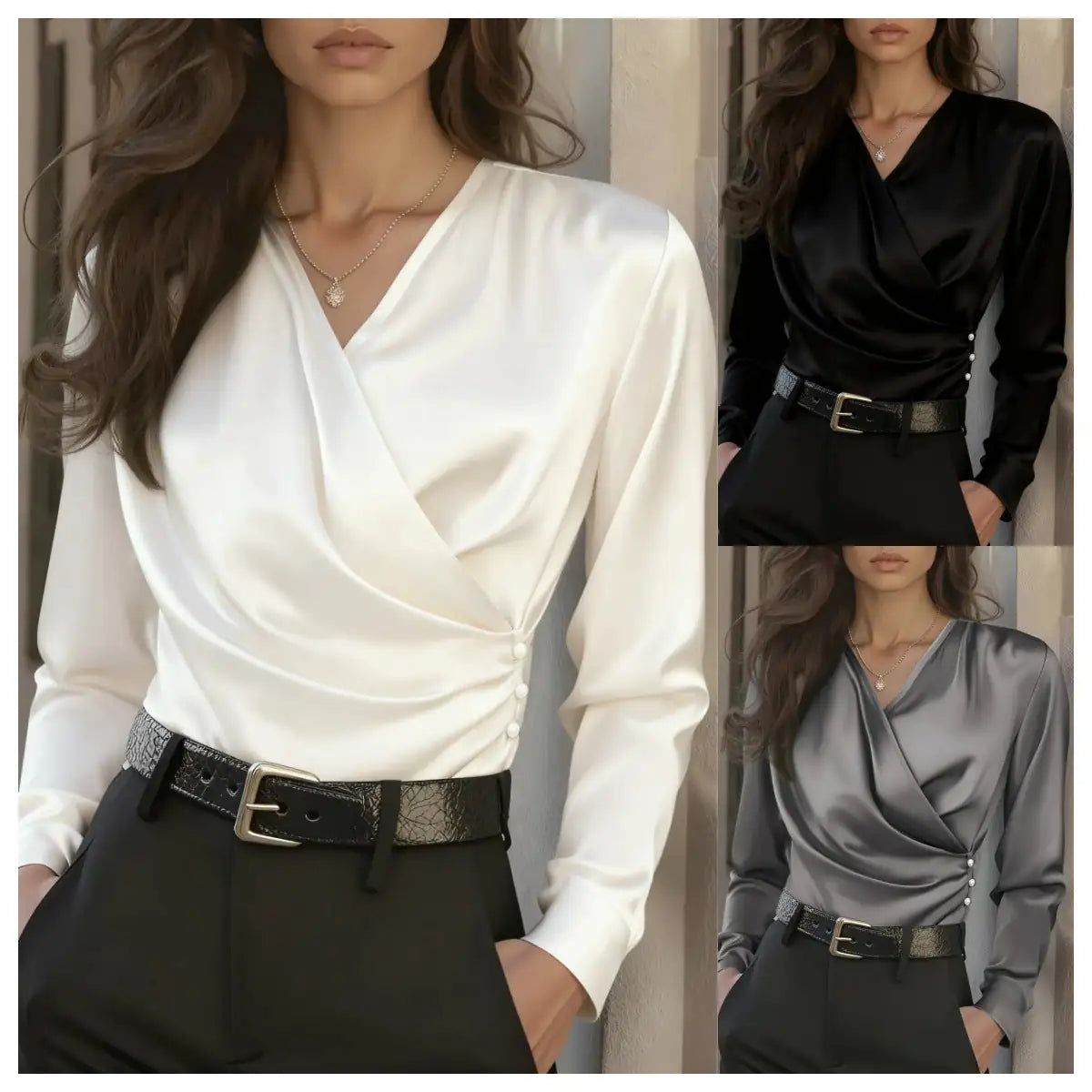 Three different color options of a wrap-style blouse worn by a model.