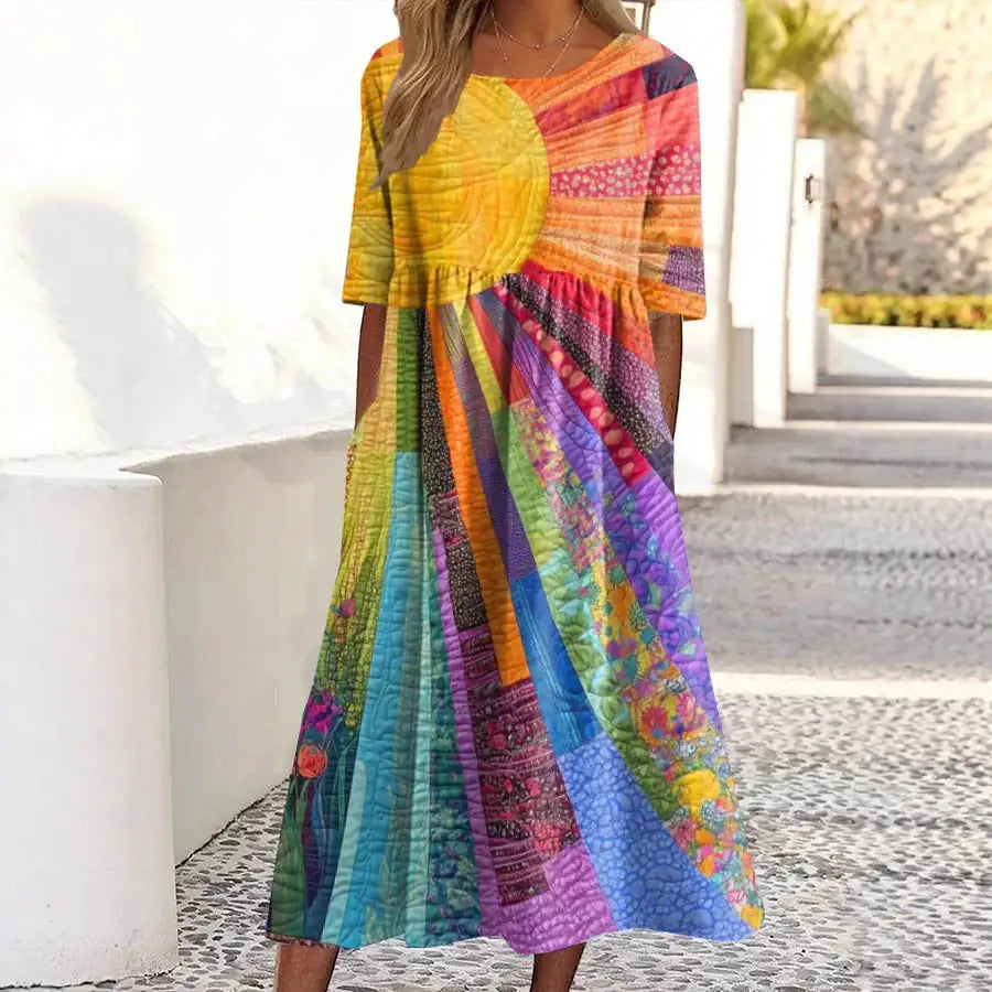 Woman wearing a colorful patterned dress standing outdoors.