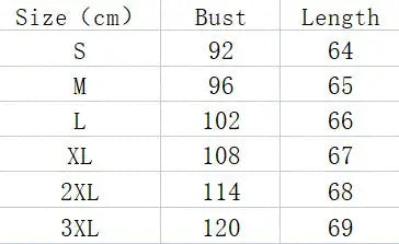 Table displaying bust and length measurements for different sizes.