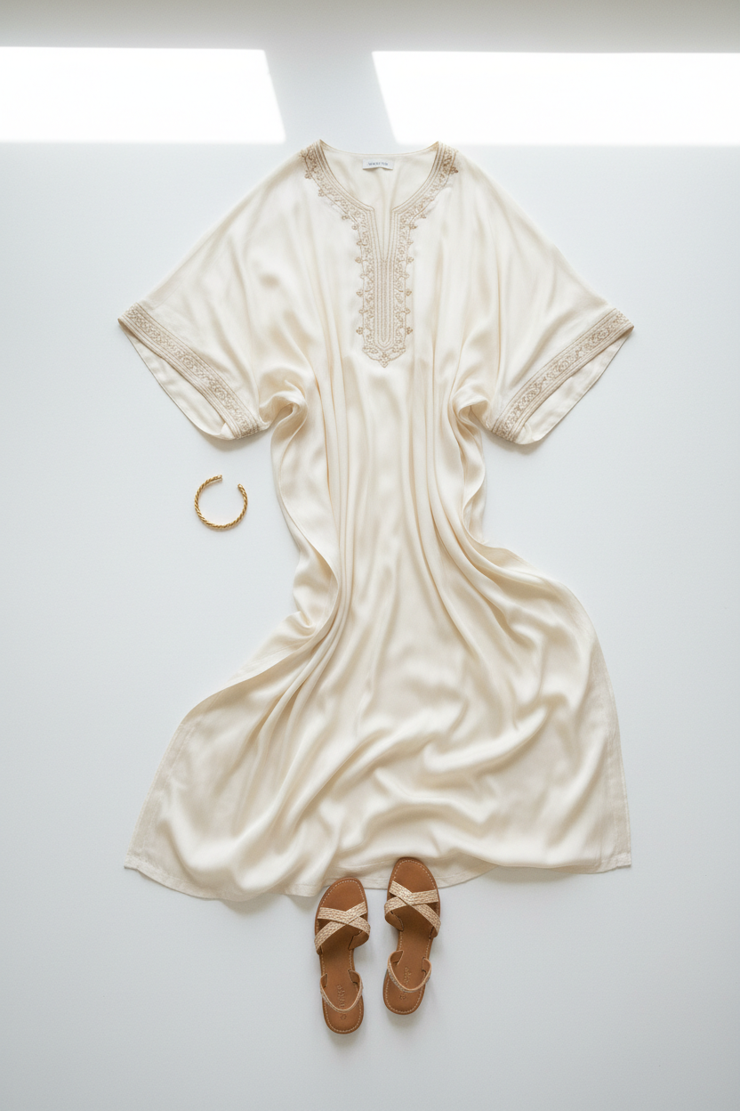 Flat lay of Elegant Flowing Kaftan Dress